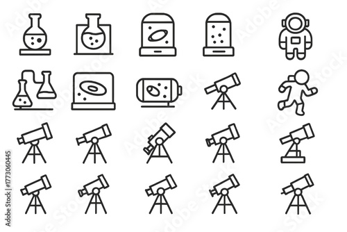 Astronomy and science icons – telescopes, lab flasks, astronauts & space displays