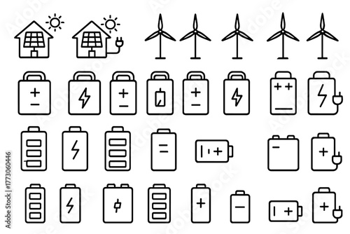 Renewable energy and battery storage icon set