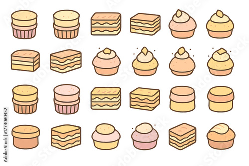 Colorful assortment of sweet treats including cupcakes and layered desserts in a playful design layout