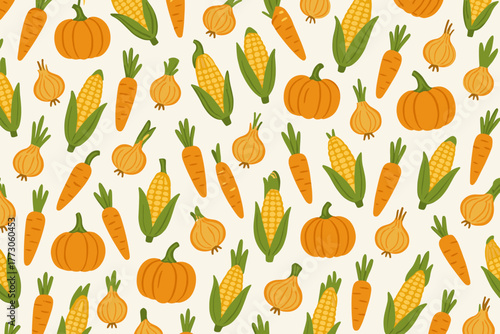 Seamless autumn harvest vegetable pattern with pumpkins, corn, carrots, and onions