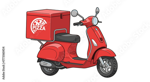 A red scooter is ready for a pizza delivery with a box on the back ready to deliver hot pizza quickly to customers.