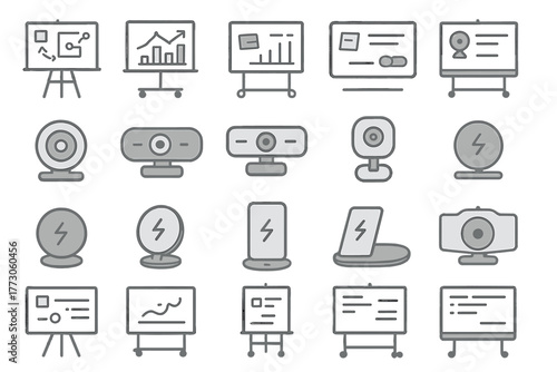 Metallic tech icon set featuring webcams, charts, and digital interfaces