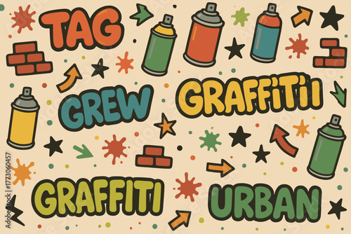 Colorful graffiti elements featuring spray cans and urban designs created with playful typography and vibrant colors