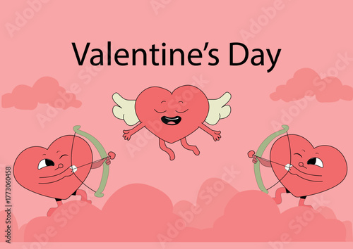 Cute Valentine’s Day Cartoon Hearts with Cupid Bows and Wings Illustration