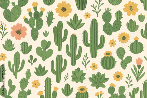 Colorful desert plants and flowers create a vibrant and lively pattern suited for various decorative uses