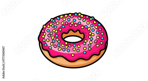 A vibrant donut illustration with pink frosting and colorful sprinkles, set against a stark transparent background, cartoon style.