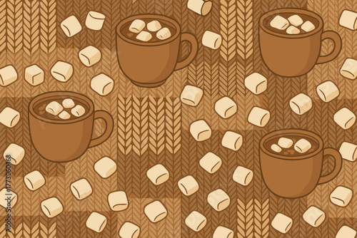Warm cups of hot cocoa with marshmallows on a cozy brown woven background in a cheerful, winter scene