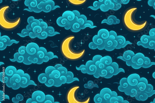 Colorful clouds and crescent moons create a whimsical night sky pattern over a dark background