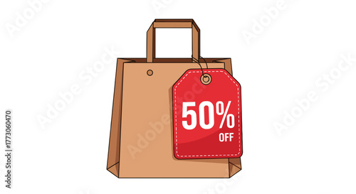 A tan shopping bag has a red tag that advertises a discount of 50% off, set against a stark transparent background.