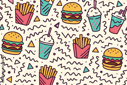 Seamless fast food pattern with burgers, fries, and milkshakes in retro style