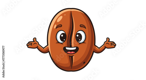 Cartoon coffee bean character with a friendly expression, outstretched arms, and a welcoming pose isolated on black.
