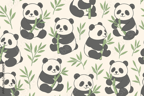 Seamless pattern of cute pandas eating bamboo leaves