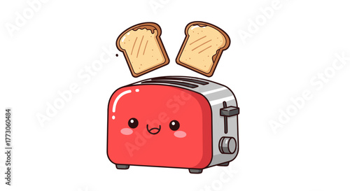 Adorable red toaster with a smiling face pops out two slices of toast, set against a stark transparent background. Cute toast pops!