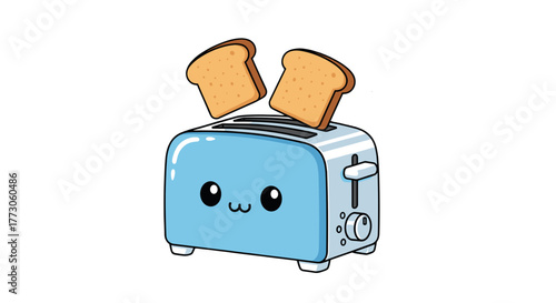 Delightful cartoon toaster pops out freshly toasted bread. The cute toaster has a kawaii face in a transparent background.