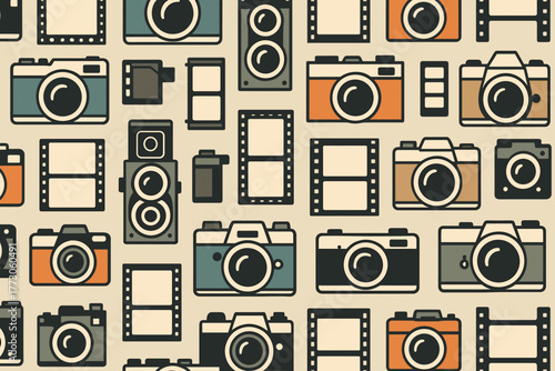 Variety of vintage cameras and film reels arranged in a colorful pattern on light background