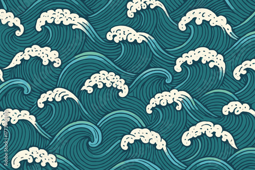 Waves create dynamic patterns on a turquoise surface resembling a serene ocean scene with rolling foam crests