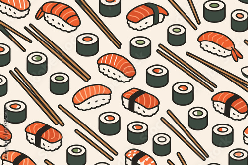 Colorful sushi pattern featuring various rolls and nigiri with chopsticks on a light background