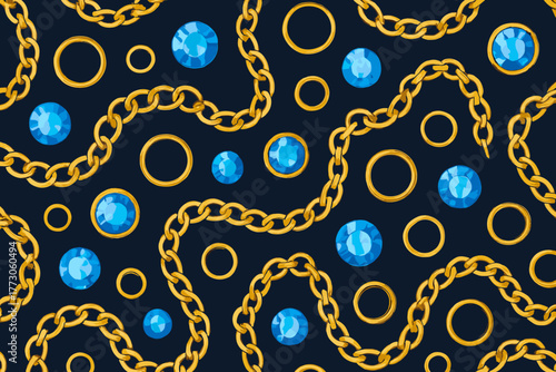 Colorful pattern of gold chains and blue gemstones on a dark background showcasing stylish jewelry design elements