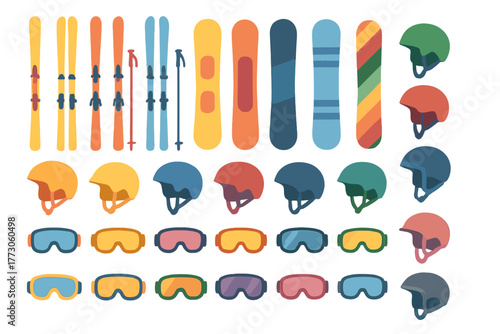 Collection of colorful skiing and snowboarding equipment displayed on a white background