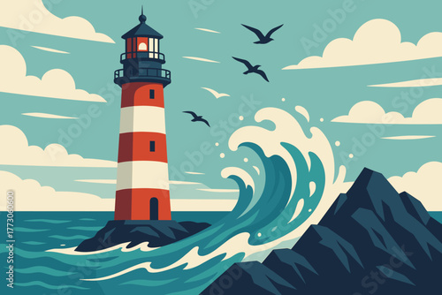 Stylized lighthouse with crashing wave and flying birds