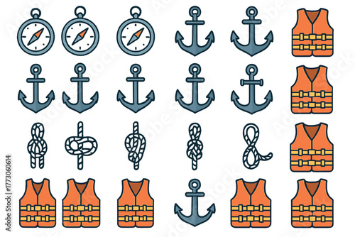 Nautical safety and navigation icon set – anchors, compasses, life vests & knots