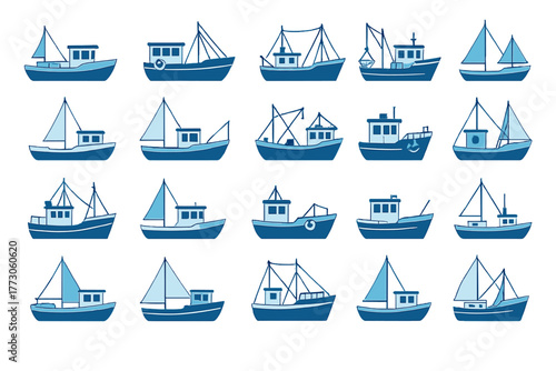 Fishing and sailing boat icon set – nautical vessel illustrations