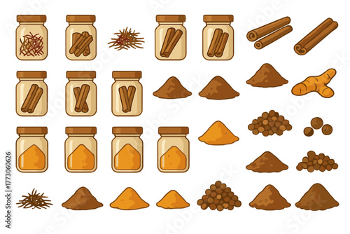 Spices and herbs seamless pattern – jars, powders, and whole seasoning illustrations