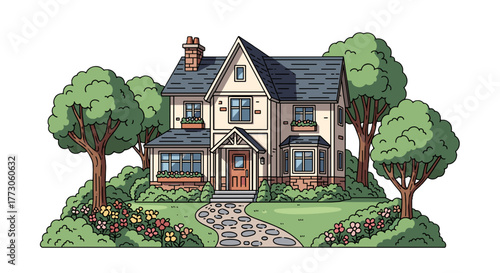 Inviting family home featuring a neat lawn, colorful flowers, and a stone pathway leading up to the front door.