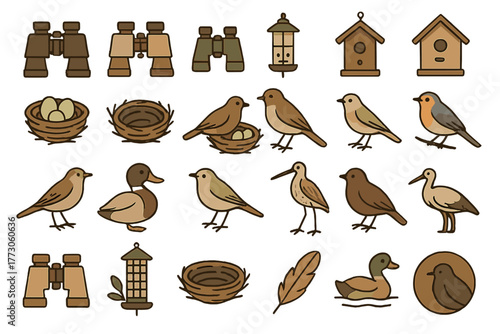 Birdwatching icons seamless pattern – birds, nests, feeders, and binoculars