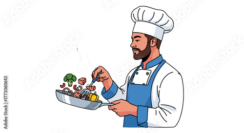 Chef expertly sautees colorful vegetables and meat in a pan, creating a delectable dish with flavorful steam rising.