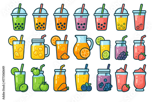 Colorful juice and bubble tea drink icon set