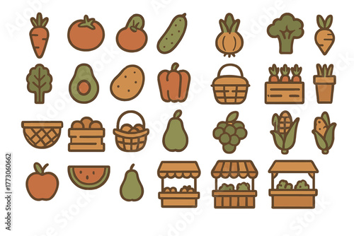 Farmers market fruits and vegetables icon set