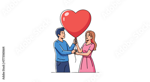 A happy couple shares a tender moment holding a red heart-shaped balloon in a loving, romantic embrace.
