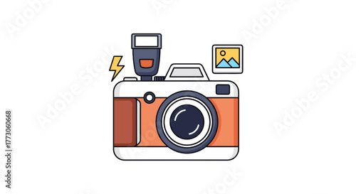 A modern digital camera, equipped with a pop-up flash and an image gallery icon, against a clean transparente background.