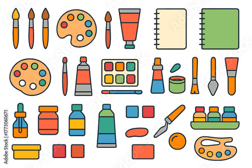 Colorful art supplies pattern with paint tools and palettes