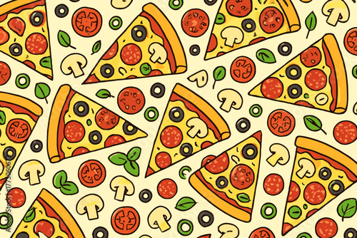 Cartoon pizza slices seamless pattern with toppings and ingredients