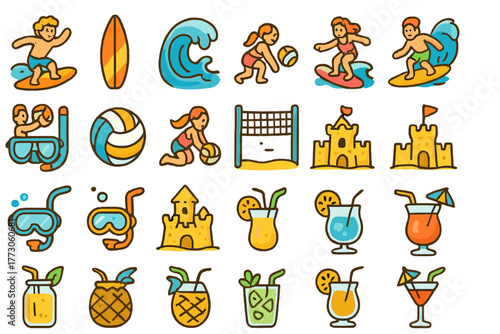 Vibrant beach and summer fun doodle icon set