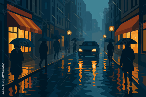 Rainy evening stroll through a city street with people carrying umbrellas and a car passing by