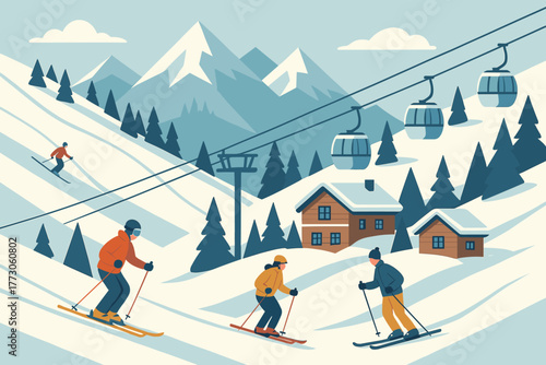 Skiers enjoy a beautiful day on the slopes near cozy mountain cabins and a gondola lift in a winter wonderland