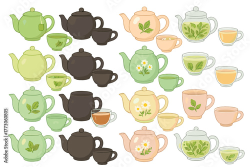 Herbal tea and teapot icon set with floral and leaf designs