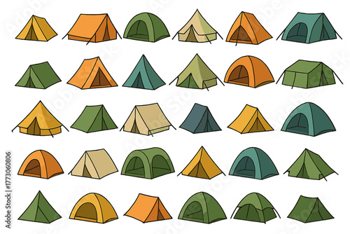 Camping tent icon set with various outdoor shelter styles