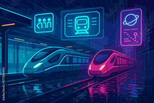 Digital art depicting futuristic trains at a neon-lit urban station during a rainy night