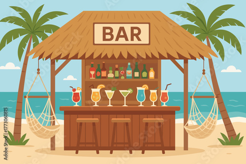 Tropical beach bar with cocktails and palm trees