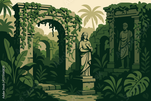 Elegant garden ruins with a statue surrounded by lush greenery in a serene, ancient setting