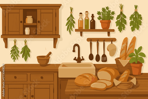 Rustic kitchen interior with bread, herbs, and wooden decor