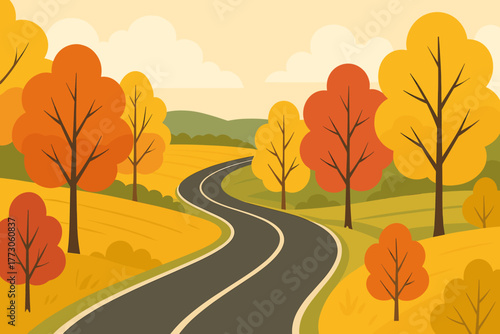 Curved country road through autumn forest landscape