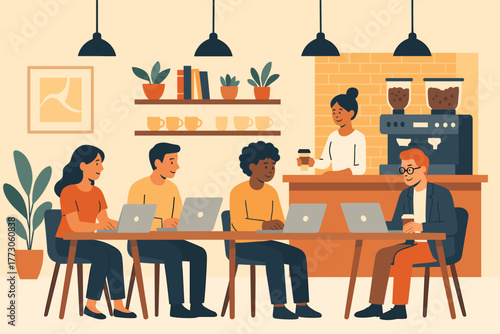 People working on laptops in modern coffee shop coworking space