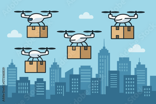 Delivery drones flying over city with packages