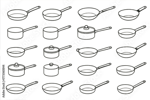 Cooking pot and frying pan icon set with various kitchen cookware