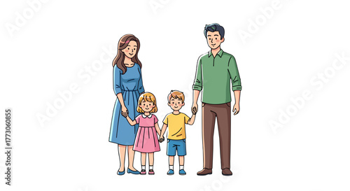 A loving family, consisting of parents and two young children, standing together in a unified and happy manner.